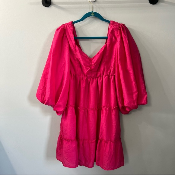 Beyond Words Bright Pink Sweatheart Neckline Puff Sleeve Tiered Dress Large - Picture 1 of 8